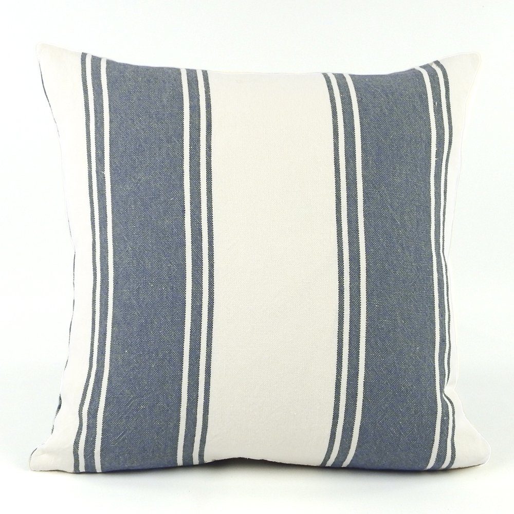 Chloe & Olive French Bistro Blue Collection Stripe and Plaid Reversible Pillow Cover, 18-Inch, Blue and Cream