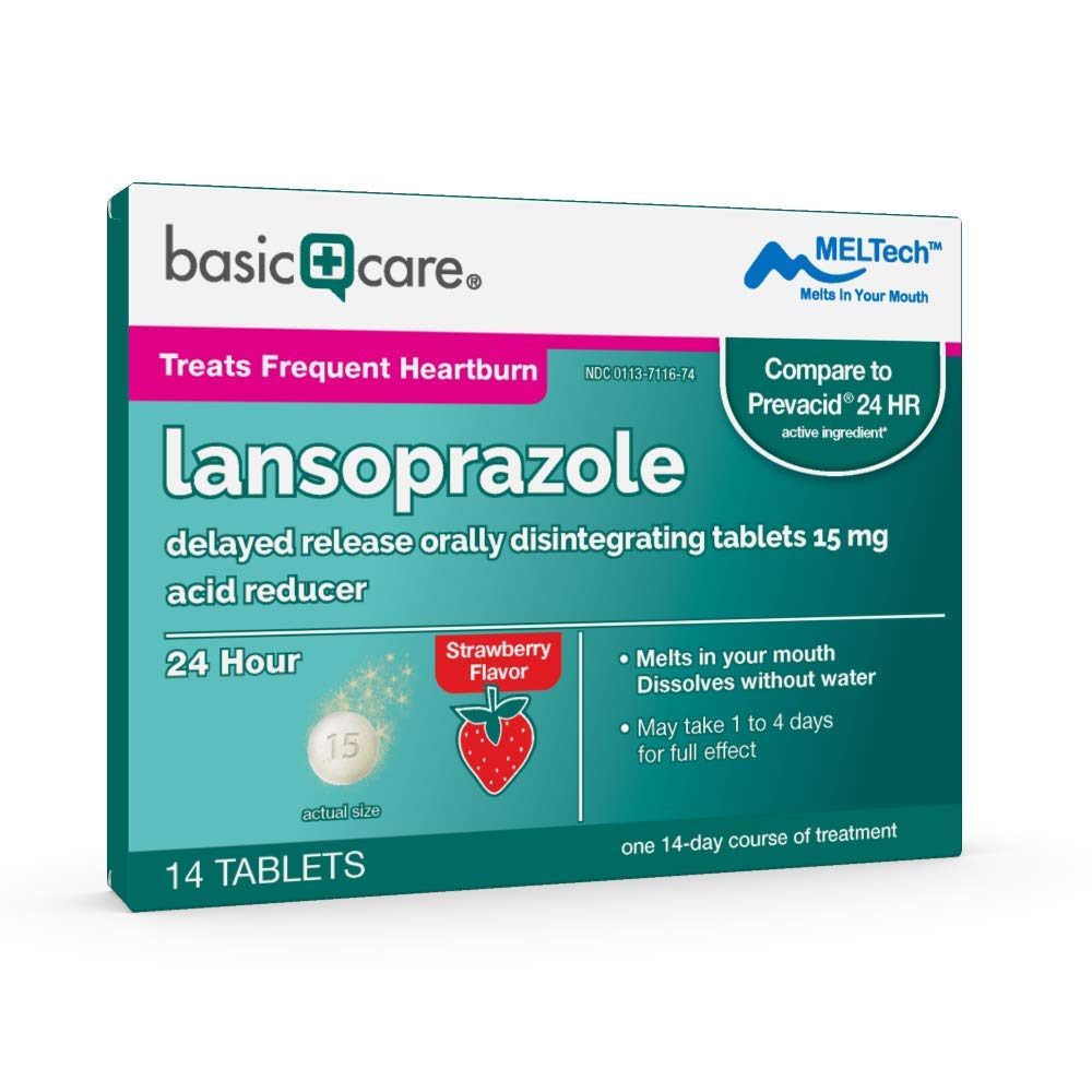 Basic Care Lansoprazole Delayed Release Orally Disintegrating Tablets 15 mg, Acid Reducer, 14 Count