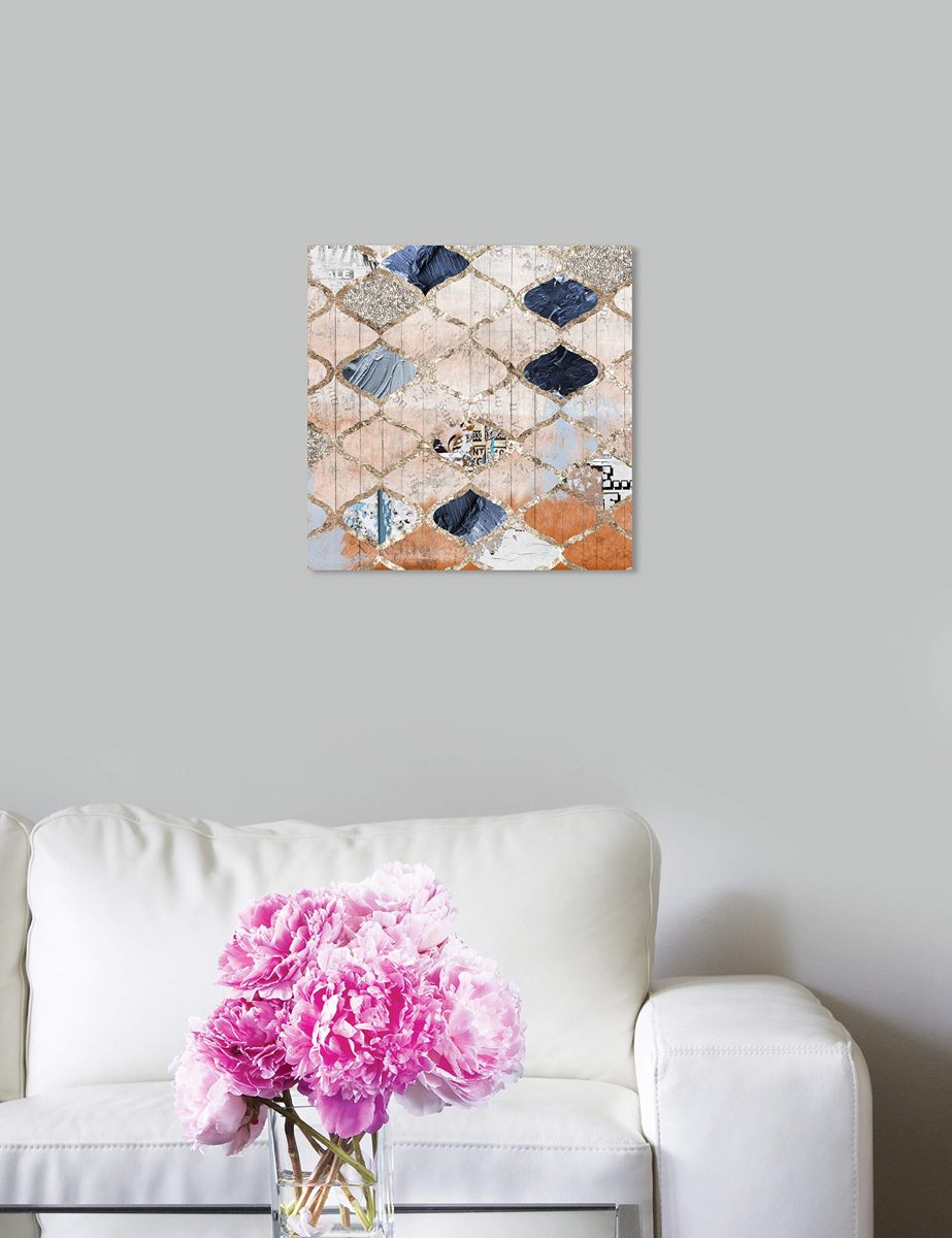Amazon Brand – Stone & Beam Contemporary Blue and Tan Moroccan Print Wall Art on Canvas, 12" x 12"