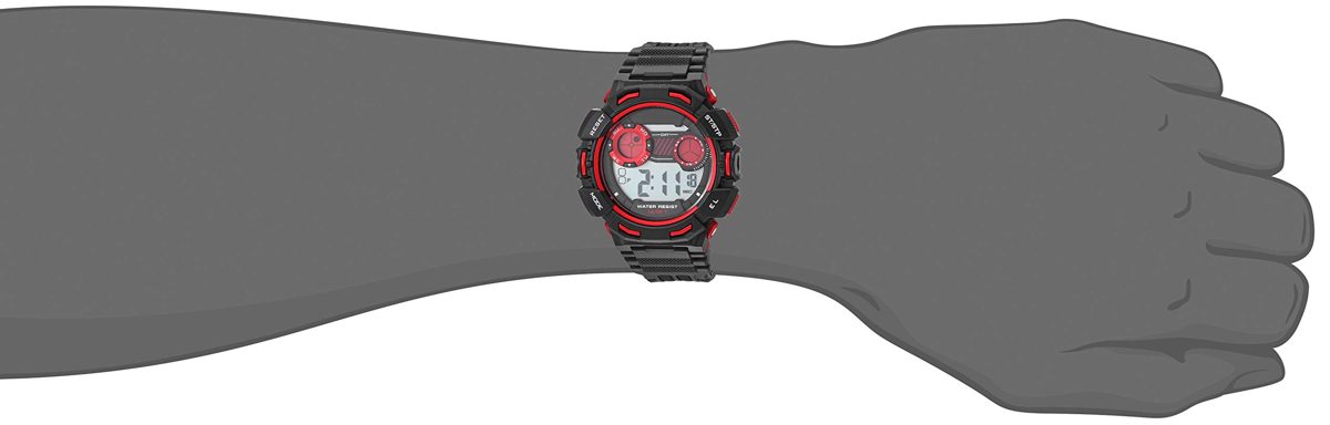 Amazon Essentials Men's Red Accented Digital Chronograph Black Resin Strap Watch, AE/1003BKR