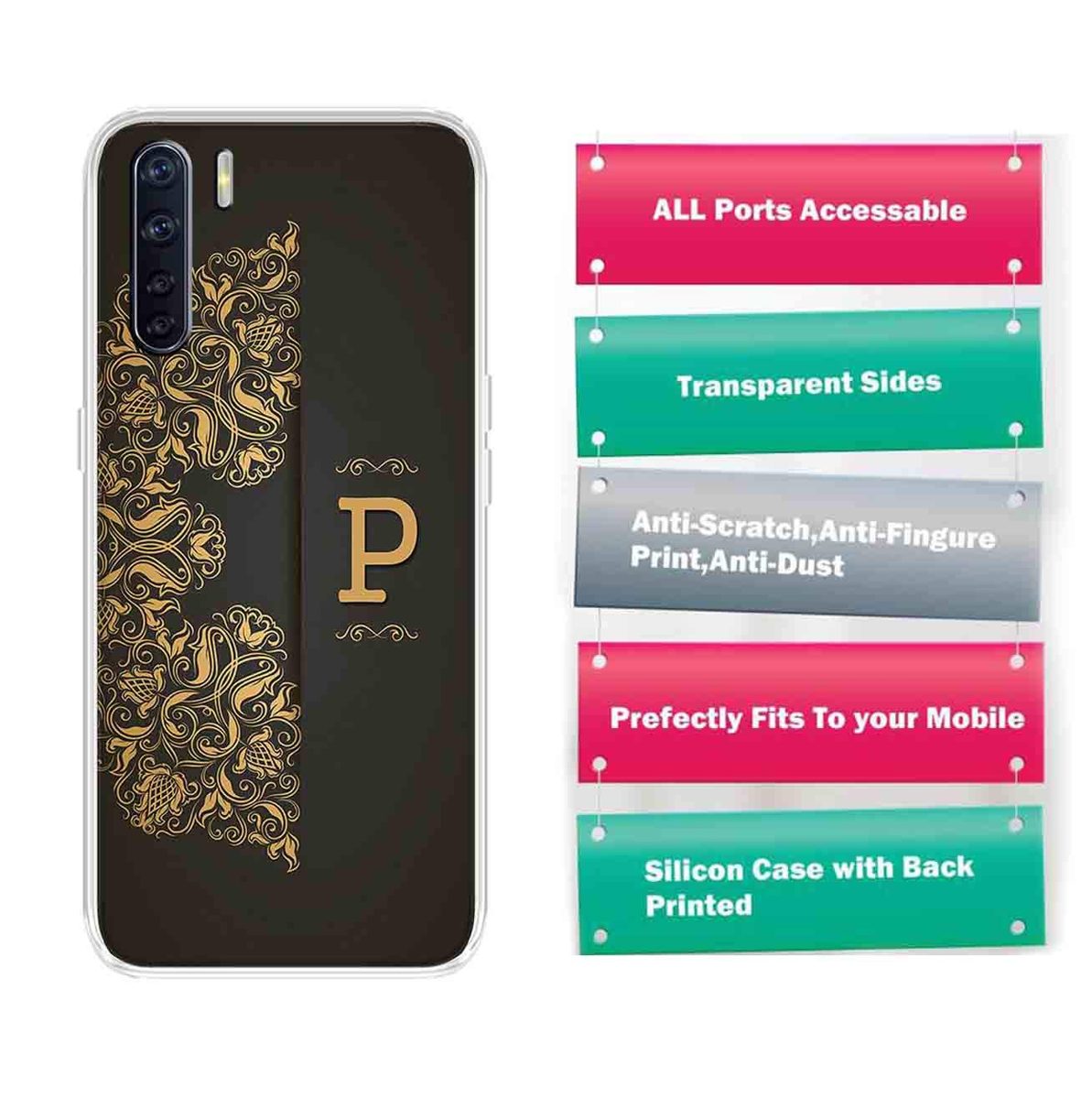Amazon Brand - Solimo Designer Multicolor Black Pattern Alphabet-P Printed Soft Back Case Mobile Cover for Oppo F15