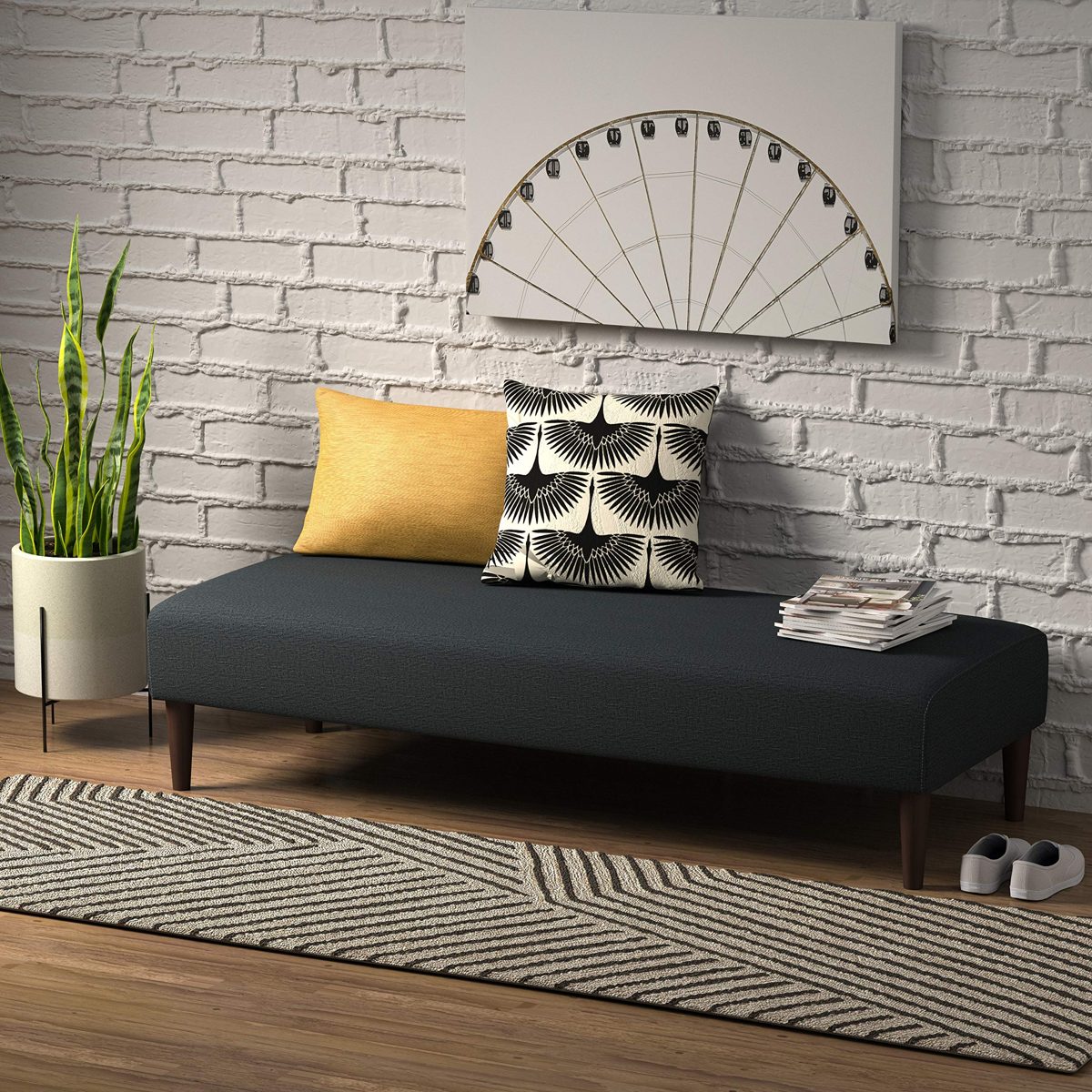 Amazon Brand – Rivet Ava Mid-Century Modern Upholstered Ottoman, 63.4"W, Denim