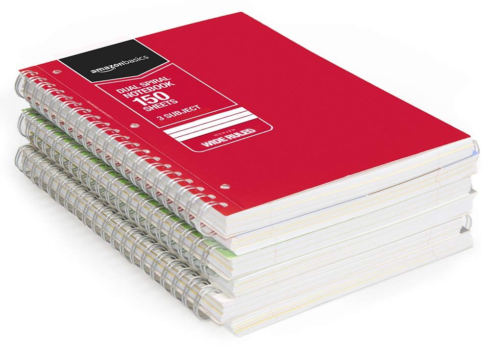 AmazonBasics Wide Ruled Wirebound 3-Subject 150-Sheet Notebook - Pack of 3, 10.5 x 8 Inch, Black/Red/White