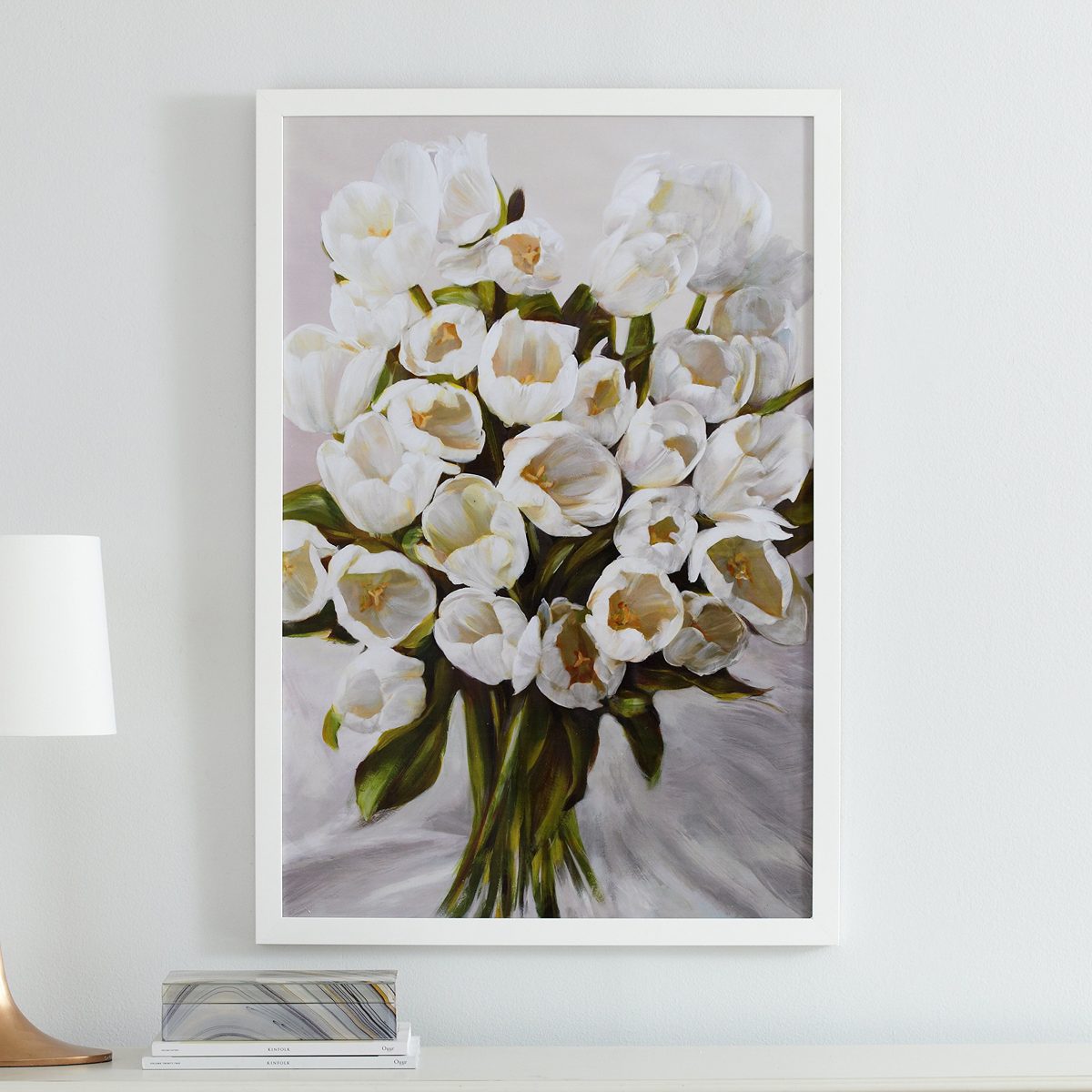 Amazon Brand – Stone & Beam Contemporary White Tulip Bouquet Print Wall Art in White Wood Frame, 26" x 38"