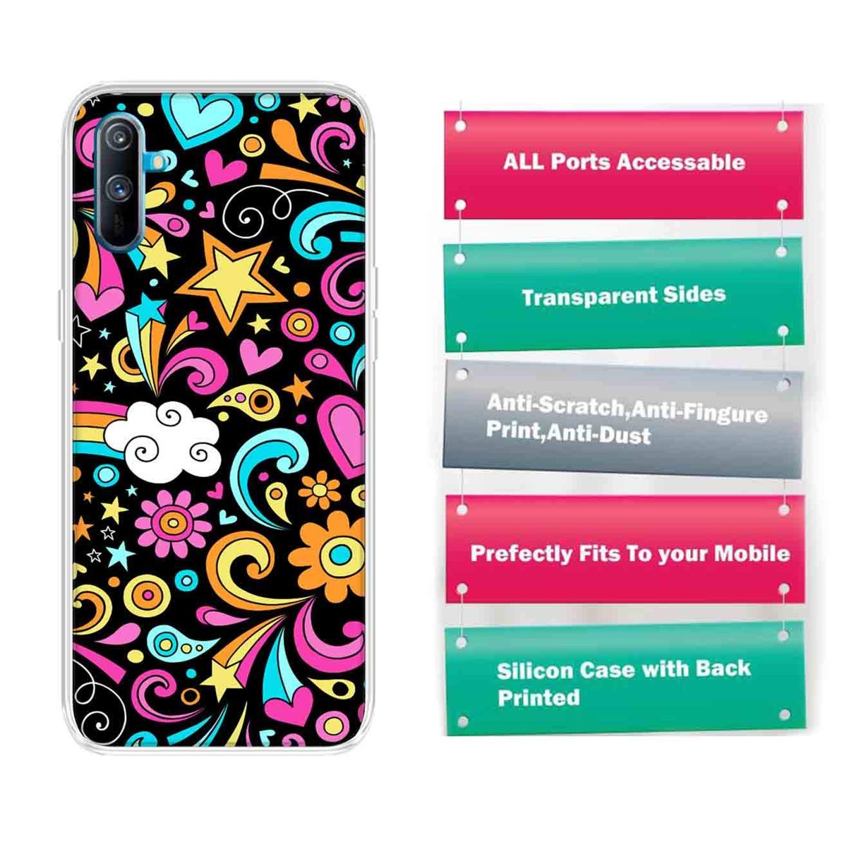 Amazon Brand - Solimo Designer Multicolor Art Design Black Printed Soft Back Case Mobile Cover for Realme C3