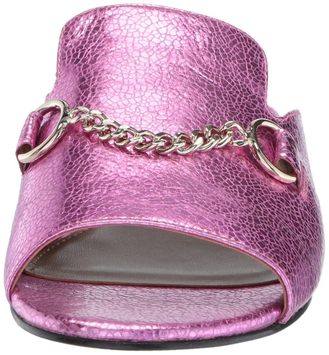 The Fix Amazon Brand Women's Nikole Open Toe Slide with Chain Detail Flat Sandal, Bubble Gum Pink/Metallic Crackle Leather, 6.5 B US