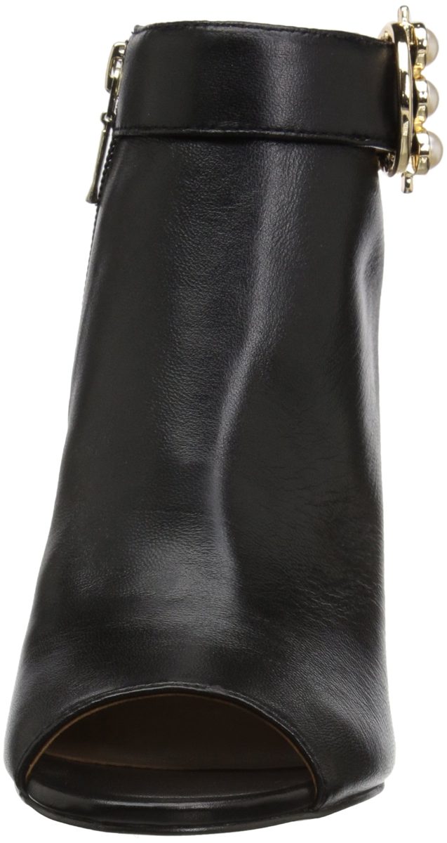 Amazon Brand - The Fix Women's Giana Open Toe Bootie with Pearl Buckle, black leather, 8 B US