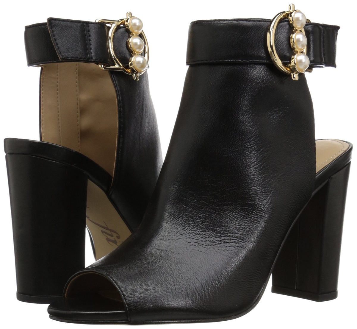 Amazon Brand - The Fix Women's Giana Open Toe Bootie with Pearl Buckle, black leather, 8 B US