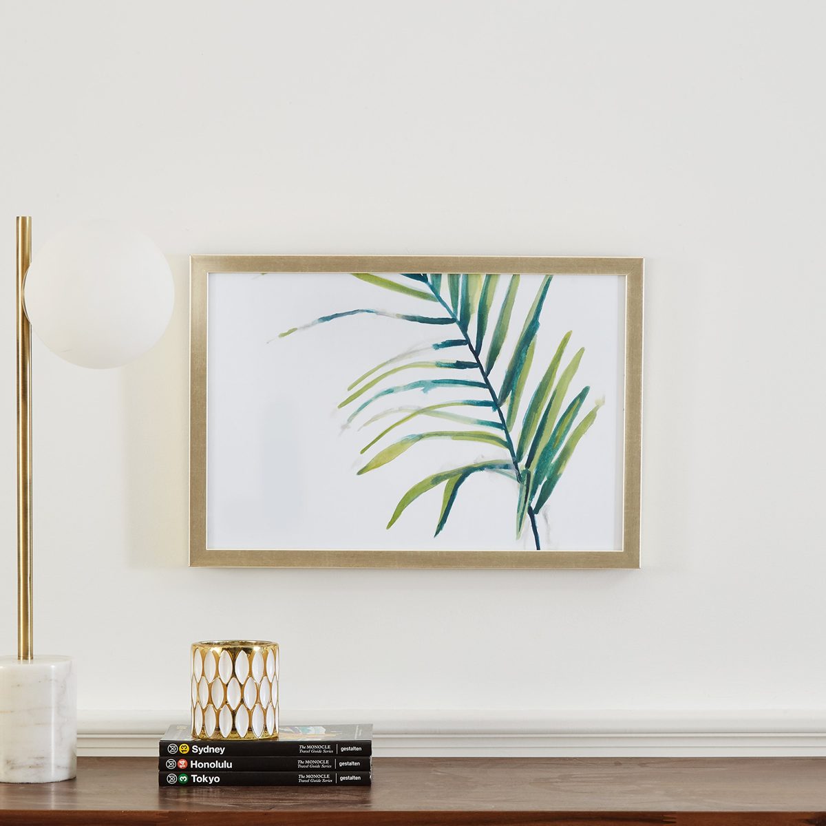 Amazon Brand – Rivet Modern Left Facing Palm Frond Leaf Print Framed Wall Art Decor - 15 x 21 Inch Frame, Wood-Tone