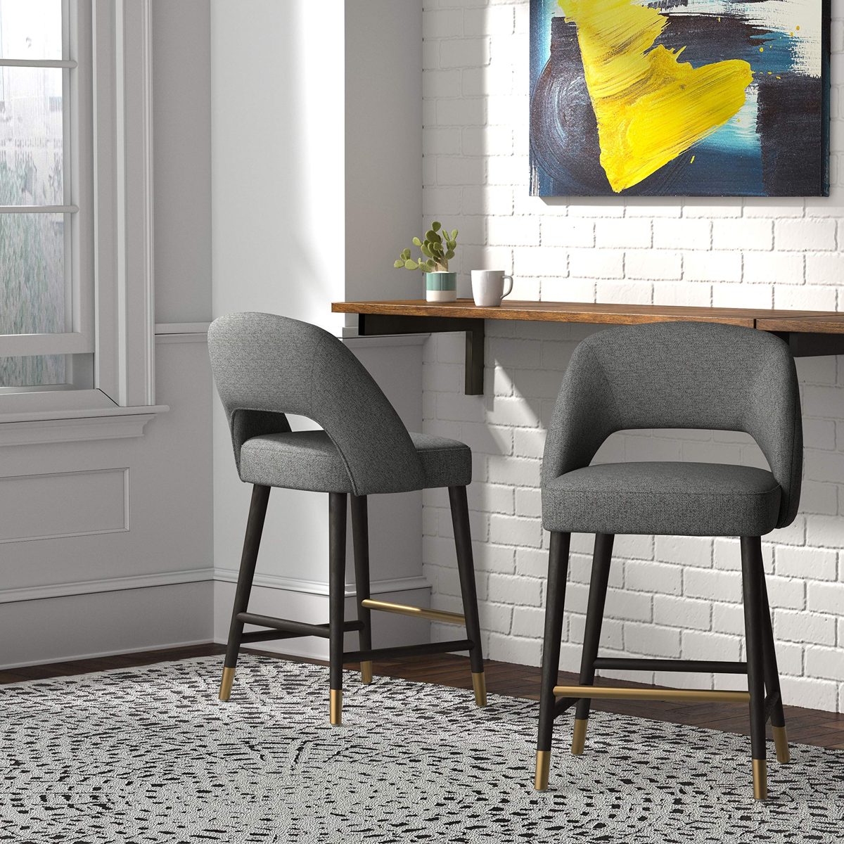 Amazon Brand – Rivet Whit Contemporary Upholstered Counter Height Stool with Gold Accents, 37"H, Flannel Grey