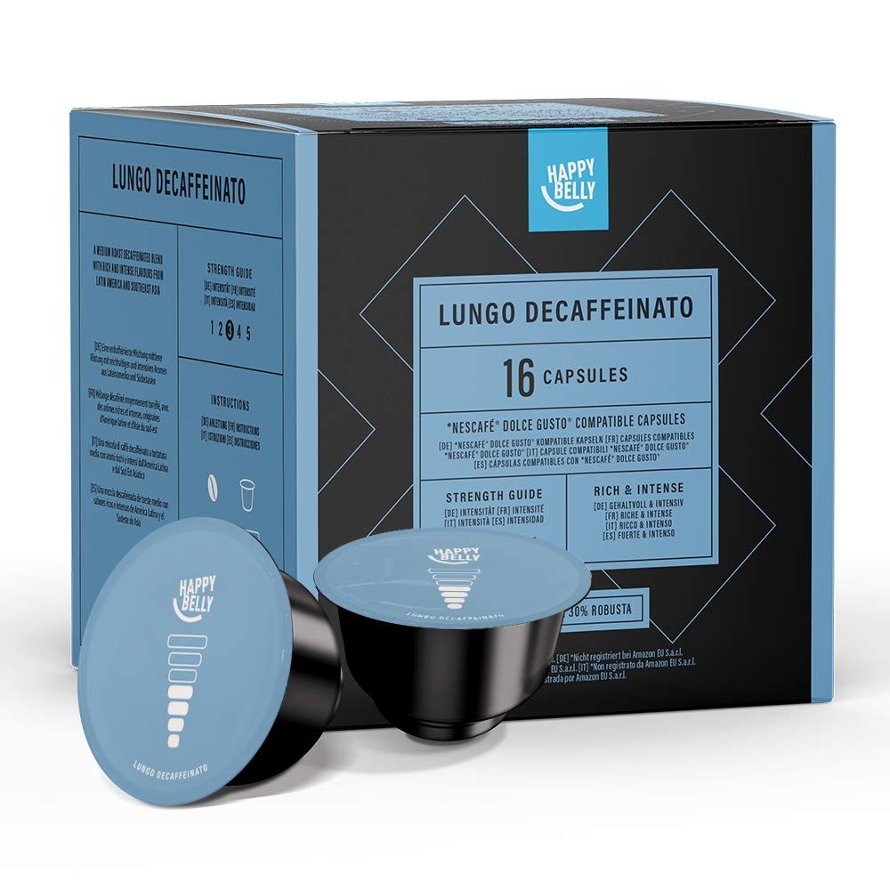 Amazon Brand - Happy Belly Lungo Decaffeinato coffee pods (decaffeinated) compatible with NESCAFÉ* DOLCE GUSTO*, 3x16 capsules (48 servings)