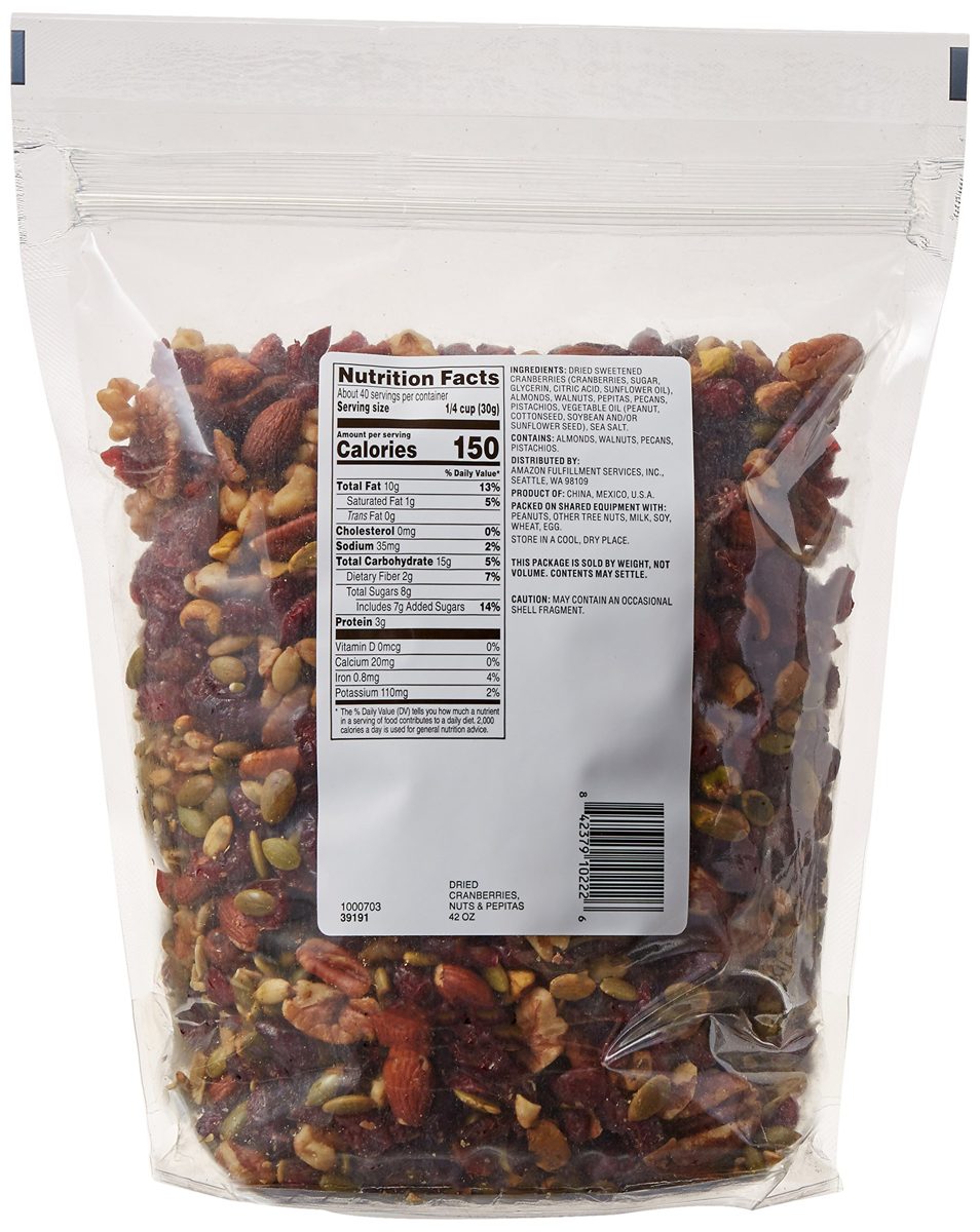 Amazon Brand - Happy Belly Dried Cranberries, Nuts & Pepitas Trail Mix, 42 oz & Happy Belly Deluxe Mixed Nuts, 44 Ounce
