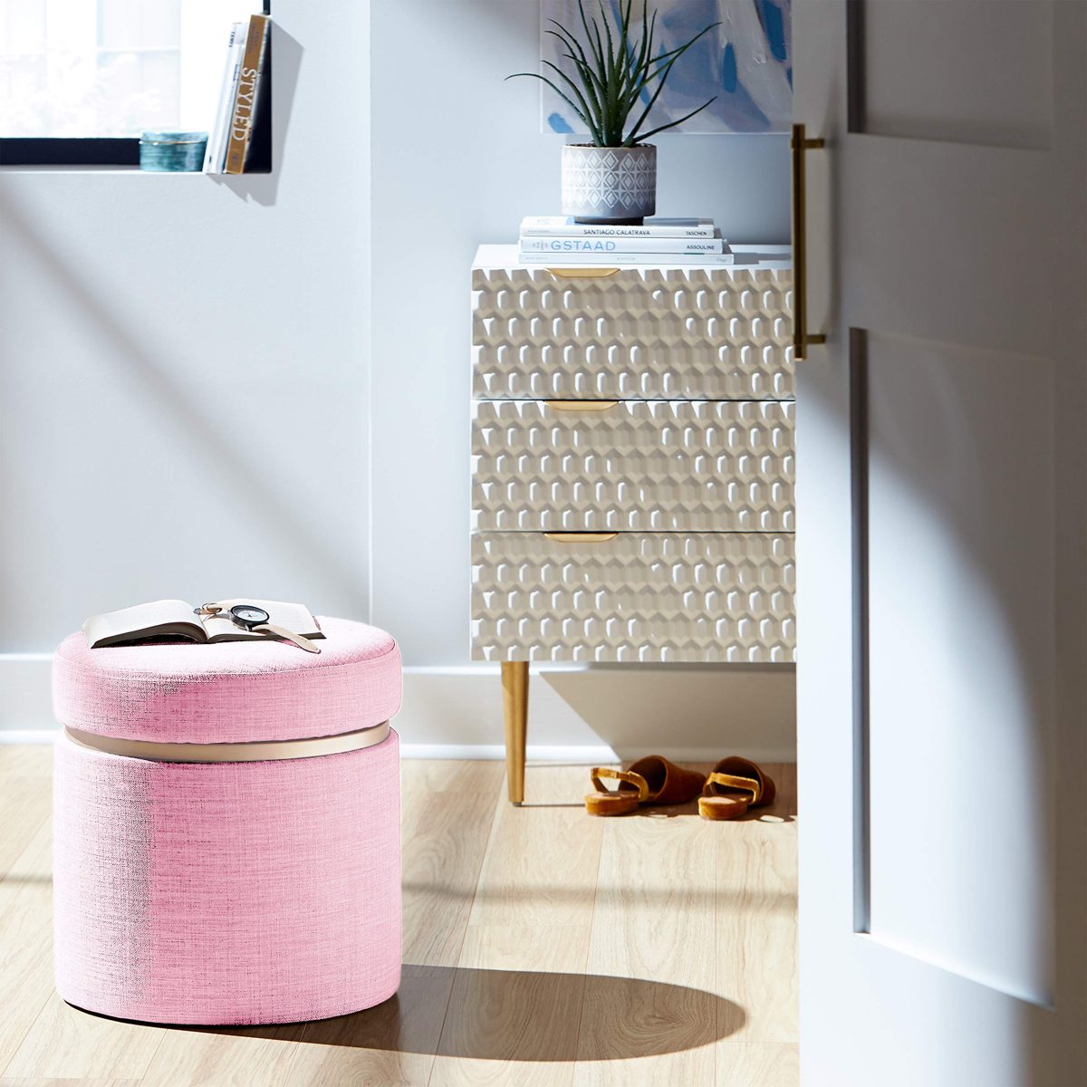 Amazon Brand – Rivet Asher Modern Storage Ottoman, 15.75"W, Fabric, Pink