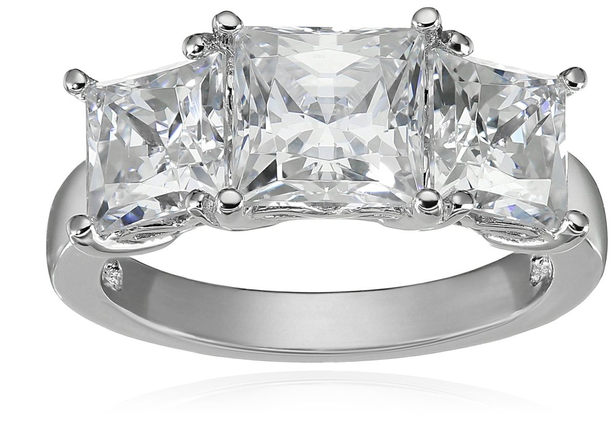 Platinum-Plated Sterling Silver Princess-Cut 3-Stone Ring made with Swarovski Zirconia (4 cttw), Size 6