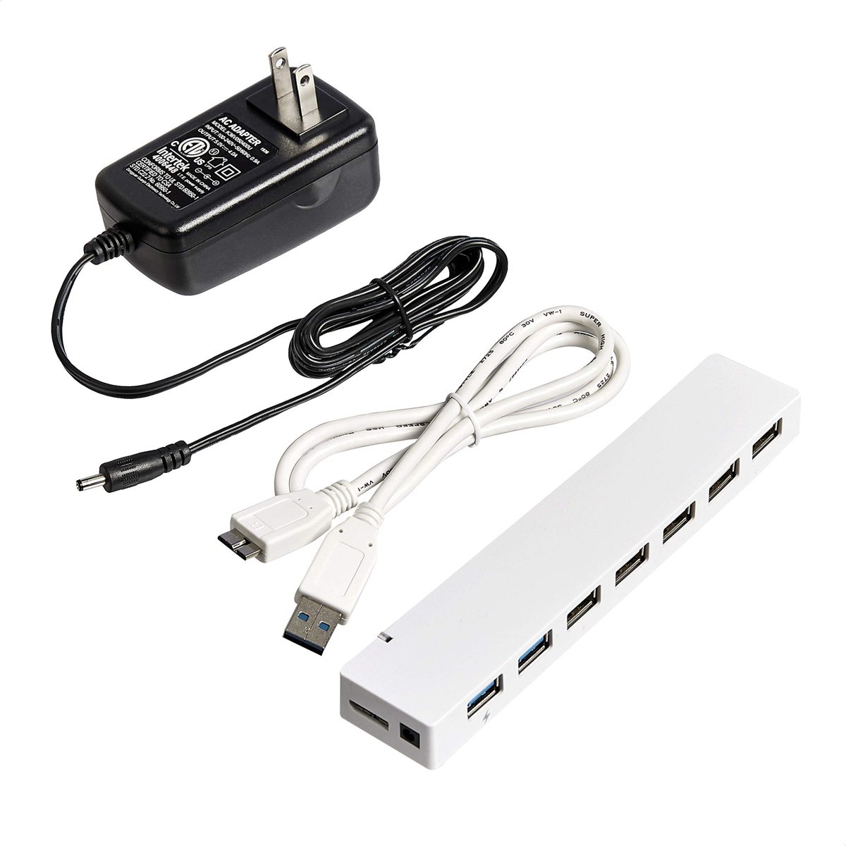 AmazonBasics Slim High-Speed 7 Port USB 3.0 Hub with AC Adapter for use with Macbook, Mac Pro, iMac, Surface Pro and more - White (Renewed)