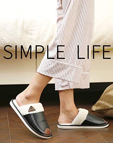 ZKHOECR Mens Slippers Memory Foam Indoor Leather Wide Soft Cozy Cotton Closed Toe Non-Slip Shoes Clog Mules Anti-Skid Rubber Sole Czoy Winter Casual Shoes Black Brown Size 10.5-11.5/Men 9-10