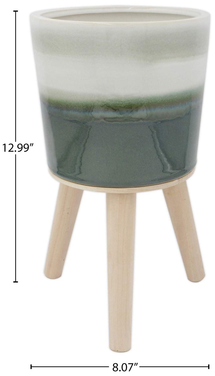 Amazon Brand – Rivet Mid-Century Stoneware Planter with Wood Stand, 12.99"H, Green Ombre