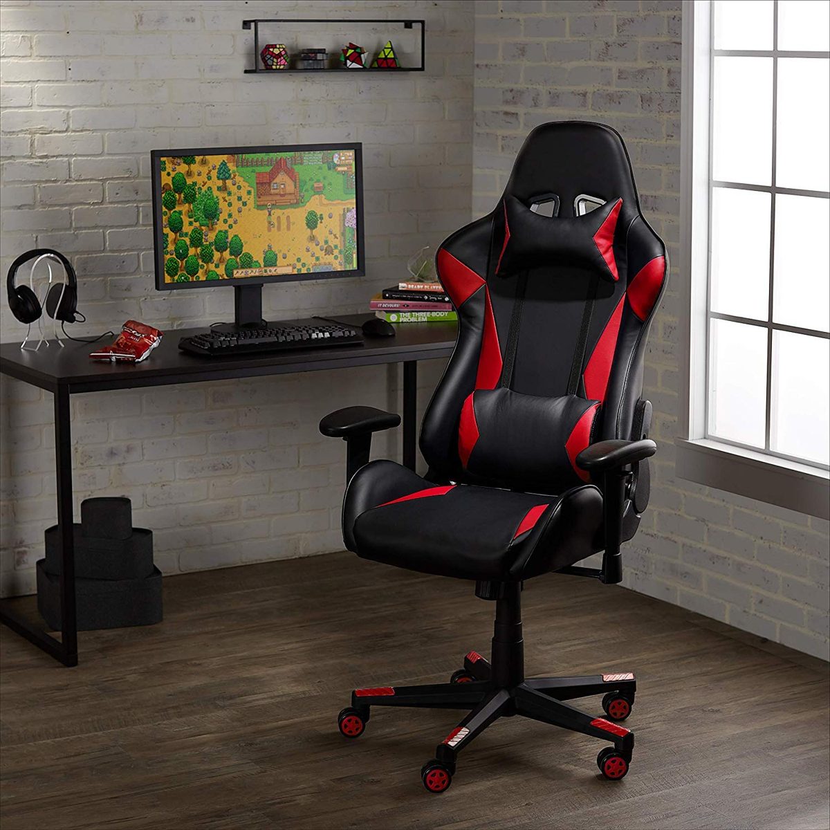 AmazonBasics Gaming/Racing Style Office Chair with Removable Headrest and High Back Cushion - Red