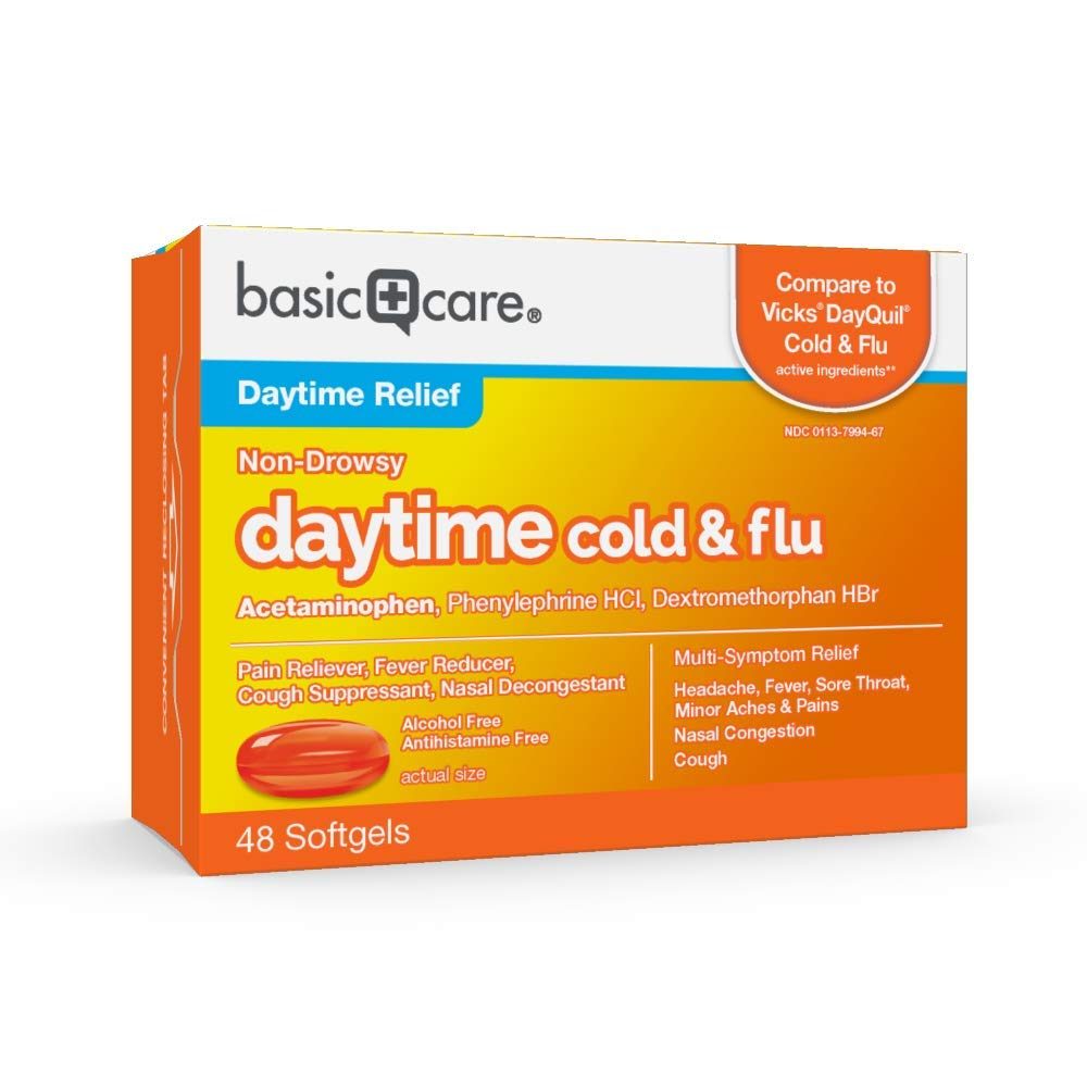 Amazon Basic Care Daytime Cold & Flu Liquid Caps; Cold Care for Daytime Cold and Flu, 48 Count
