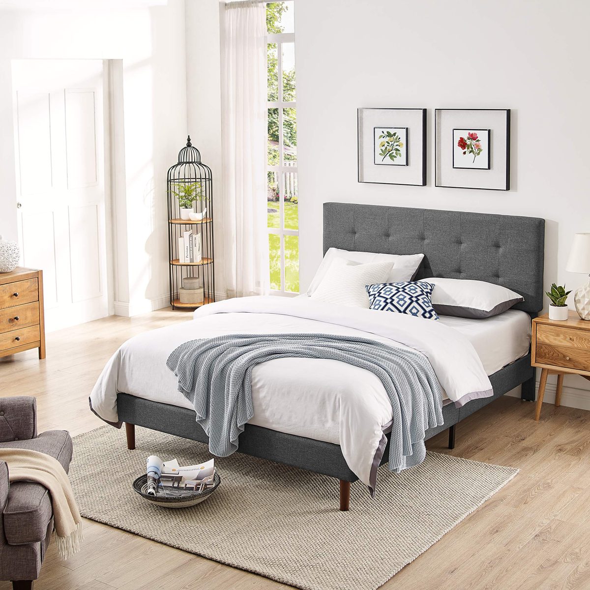 AmazonBasics Faux-Linen Upholstered Square Stitched Platform Bed - Mattress Foundation - Easy Assembly - Strong Wood Slat Support-Dark Grey, Queen