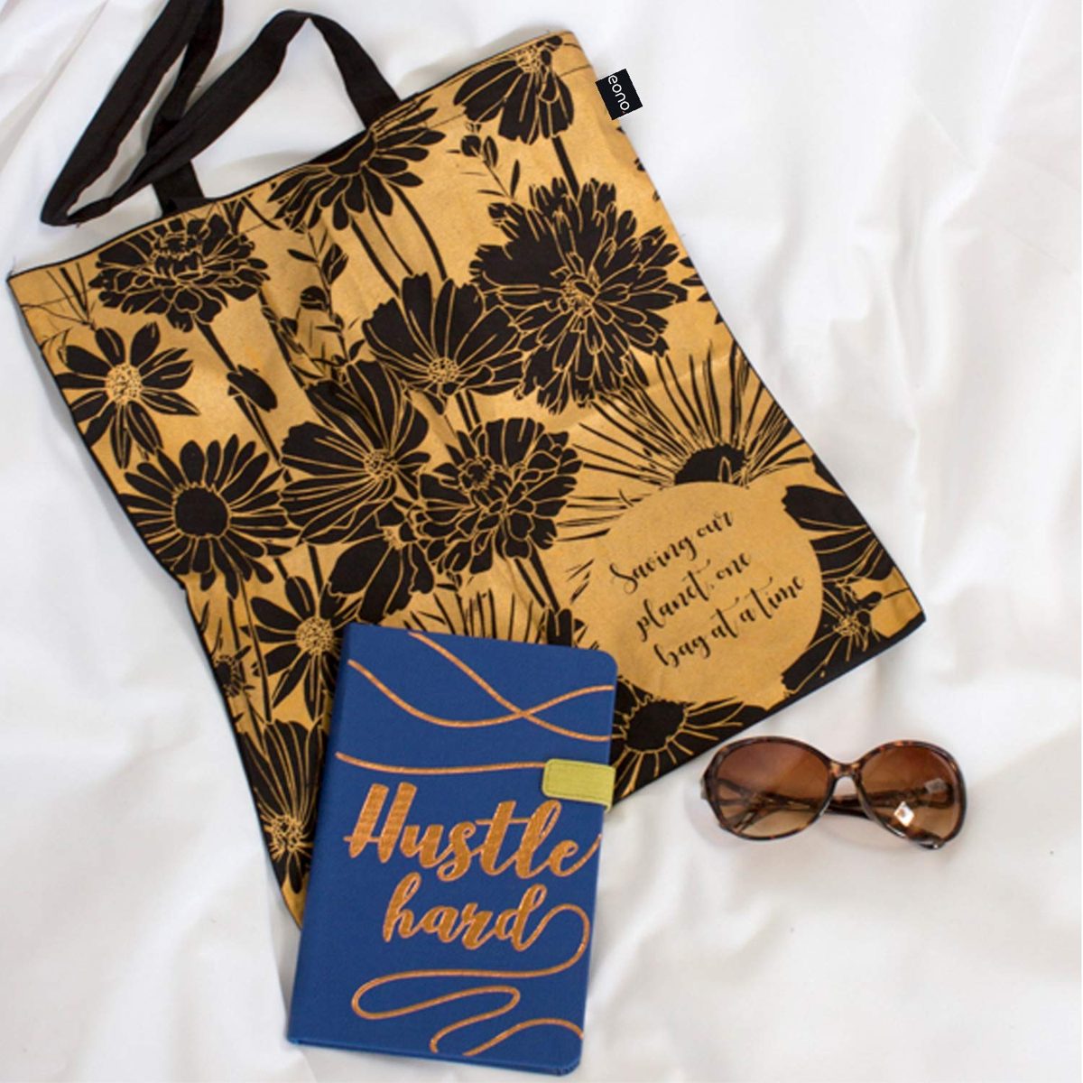 EONO Cotton Canvas Tote Bag Reusable Shopping Bag Grocery Shoulder Bags Eco-friendly Gifts for Women, Kids, Girls Handbags Printed Flowers - Black 0102A05
