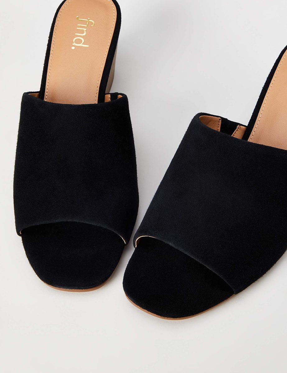find. Women's Mule Wedge Leather Open Toe Heels, Black (Black), 4 UK