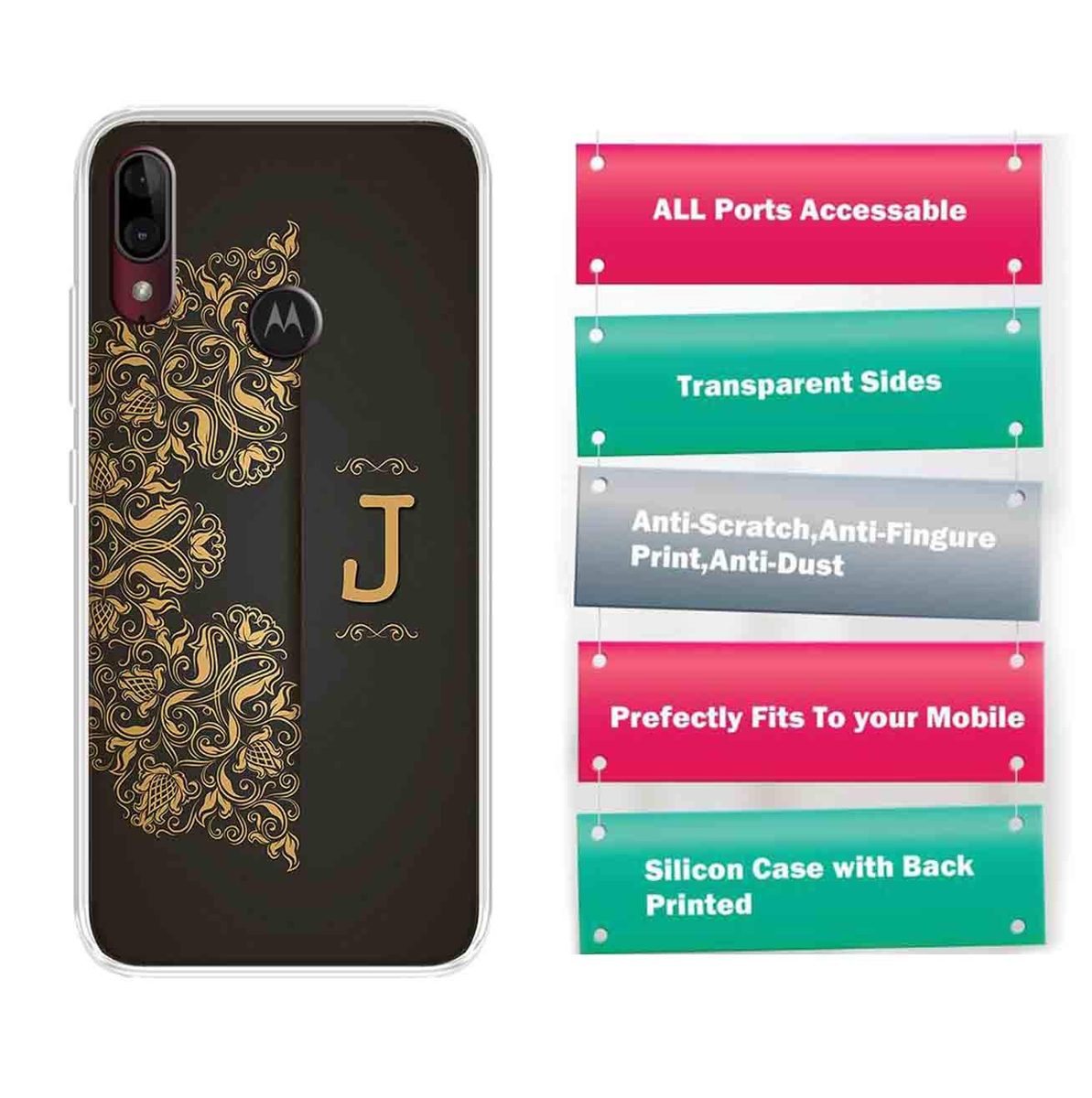 Amazon Brand - Solimo Designer Multicolor Black Pattern Alphabet-J Printed Soft Back Case Mobile Cover for Motorola Moto E6s / Motorola Moto E6 Plus