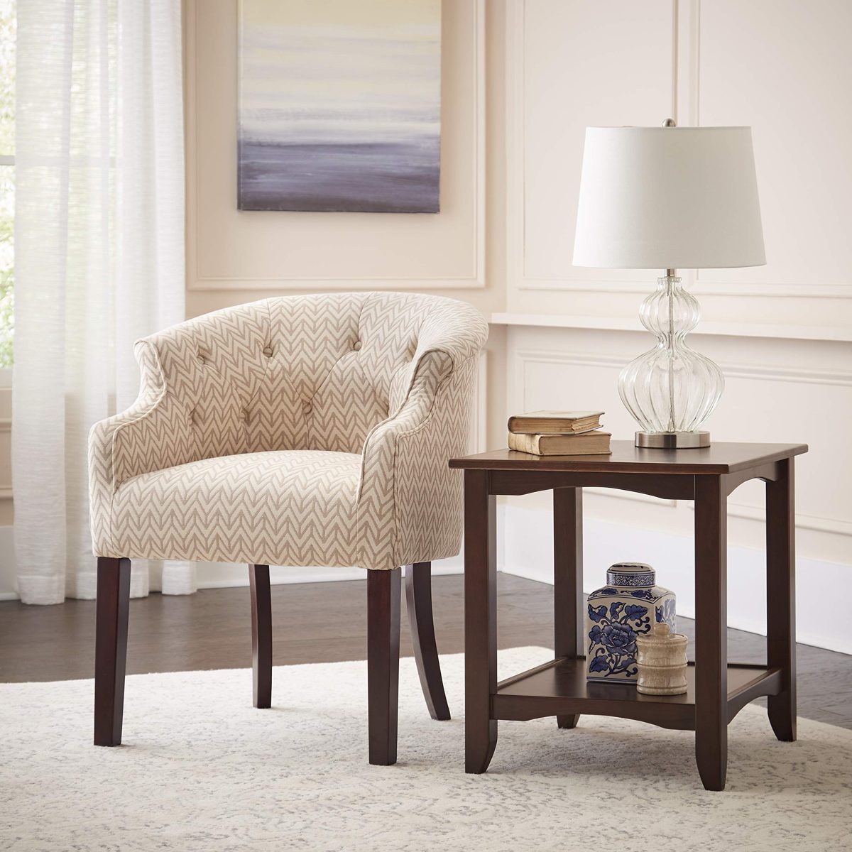 Amazon Brand – Ravenna Home Hughes Curved Back Tufted Patterned Accent Chair, 25"W, Ivory Leaf