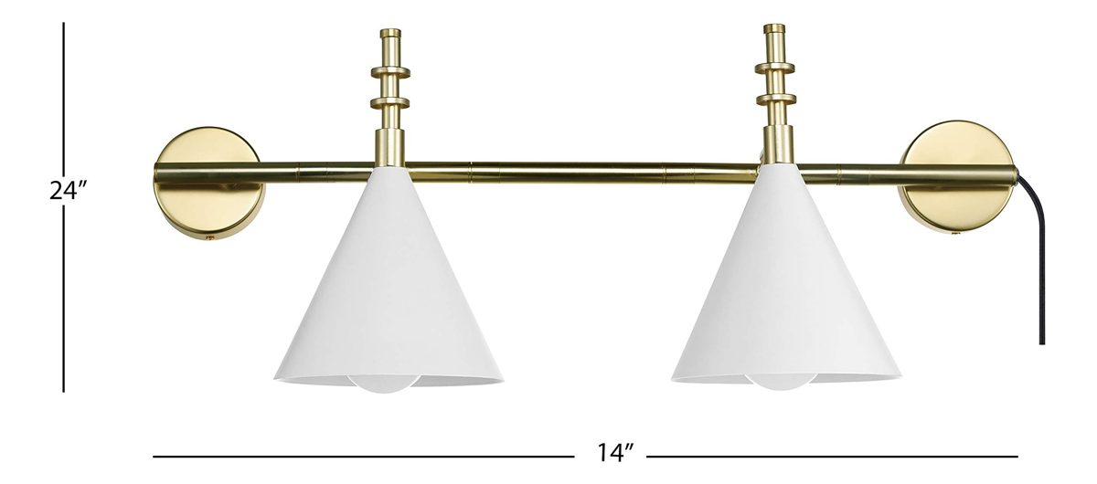 Amazon Brand – Rivet 2-Light Plug-In Wall Sconce with Glossy White Shades, LED Bulbs Included, 24"H, Antique Brass
