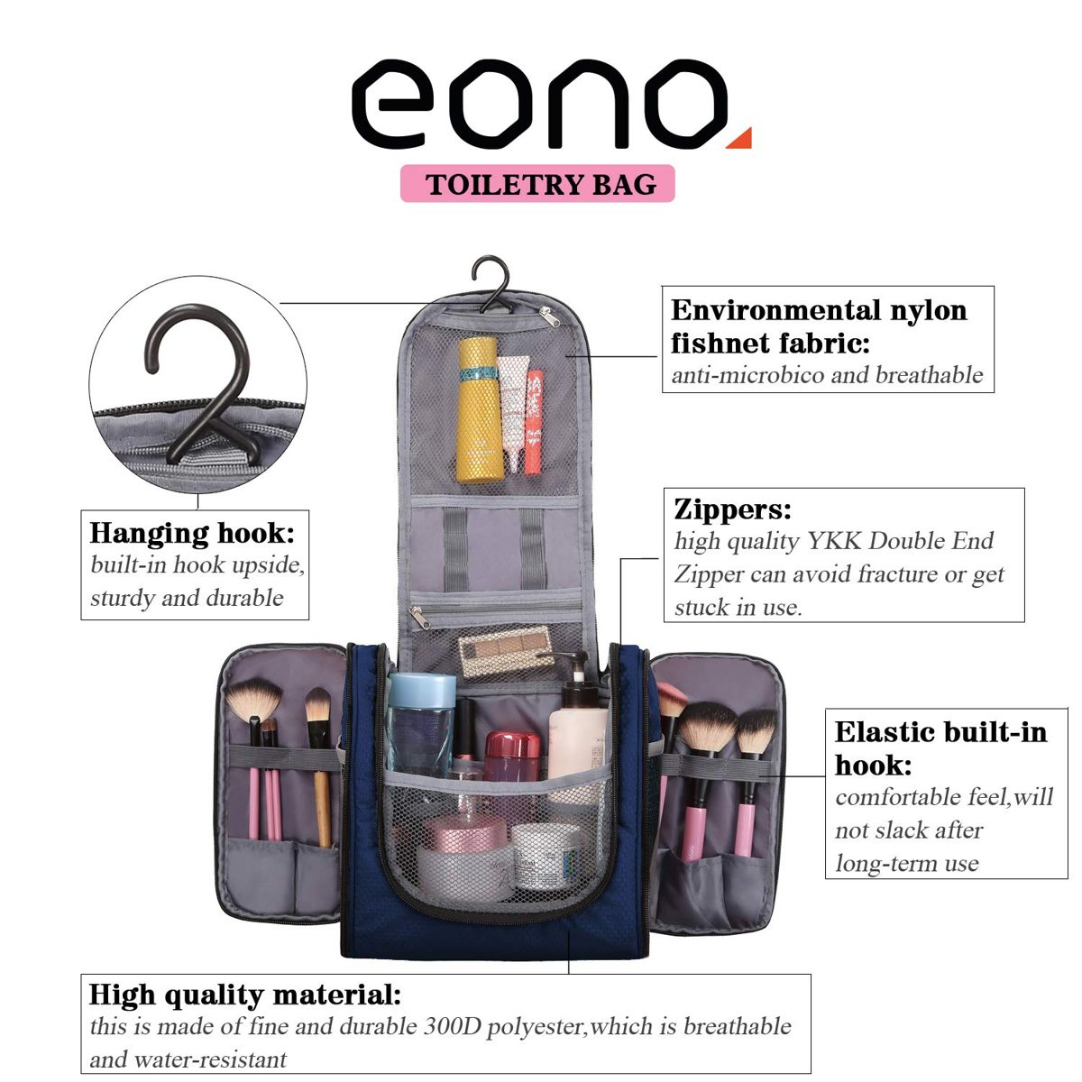 Eono Essentials Large Cosmetics Bag for Men &amp; Women - for Make-Up, Cosmetics, Shaving &amp; Travel Accessories, Personal Items - Hanging Toiletry Set, Make-Up Organiser Blue