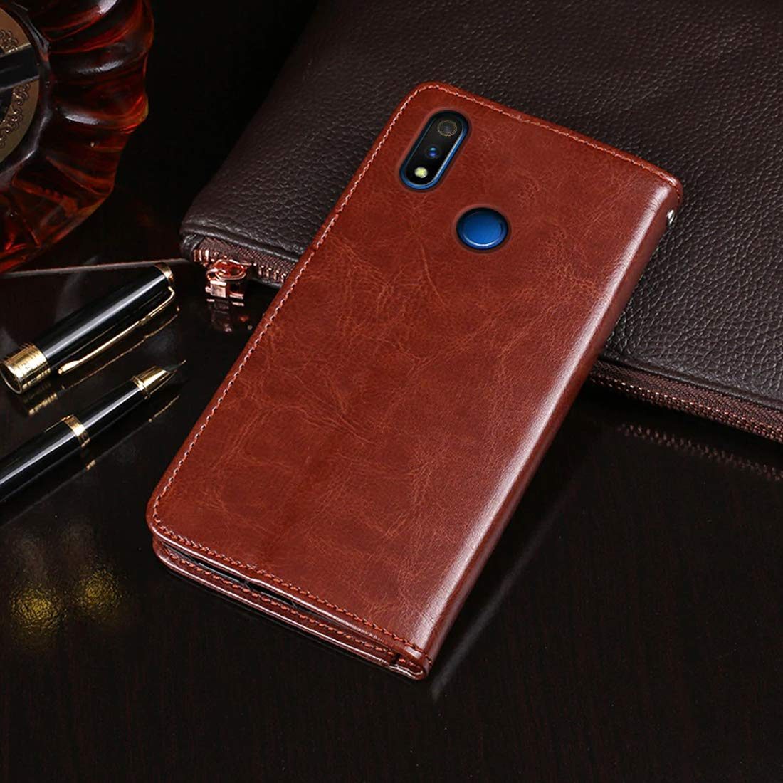 Amazon Brand - Solimo Flip Leather Mobile Cover (Soft & Flexible Back case) for Realme 3 Pro (Brown)