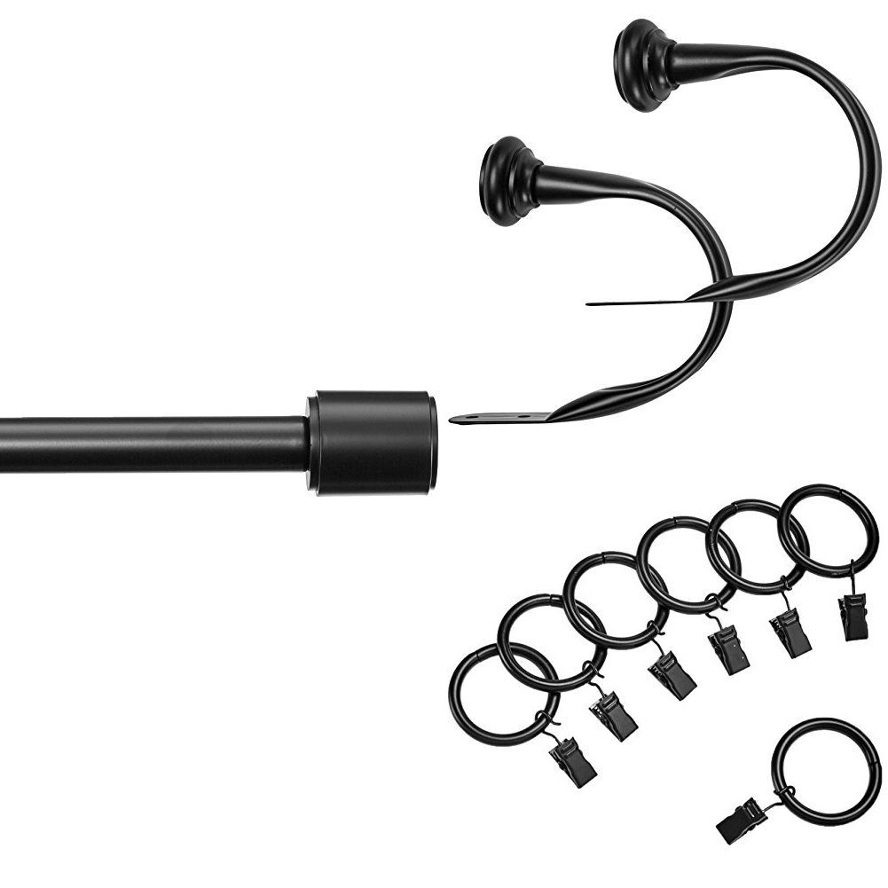 AmazonBasics 1" Curtain Rod with Cap Finials, 72" to 144", Curtain Clip Ring (Set of 7), and Curtain Holdbacks (Set of 2), Black