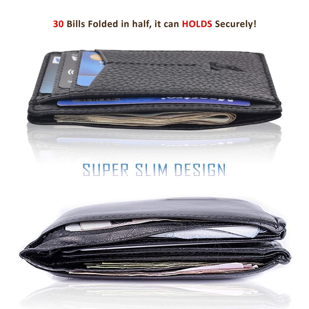 Leather Wallets Slim Wallets for Men with RFID - Travel Wallet Wallets for Men RFID Blocking Front Pocket Wallet (Black Pebble)