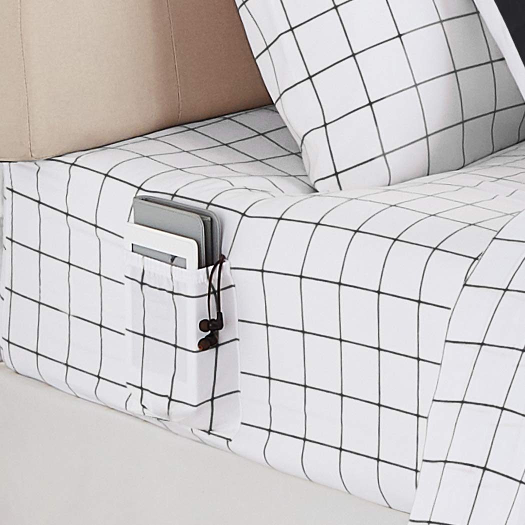 AmazonBasics College Dorm Bed-in-a-Bag with Elastic Storage Pockets - Full/Queen - Black Grid