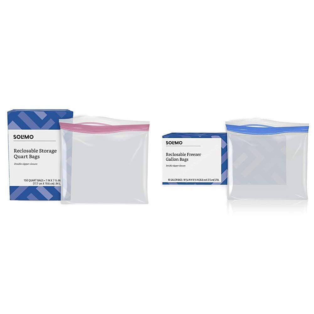 Amazon Brand - Solimo Quart Food Storage Bags, 150 Count & Freezer Gallon Bags, 90 Count