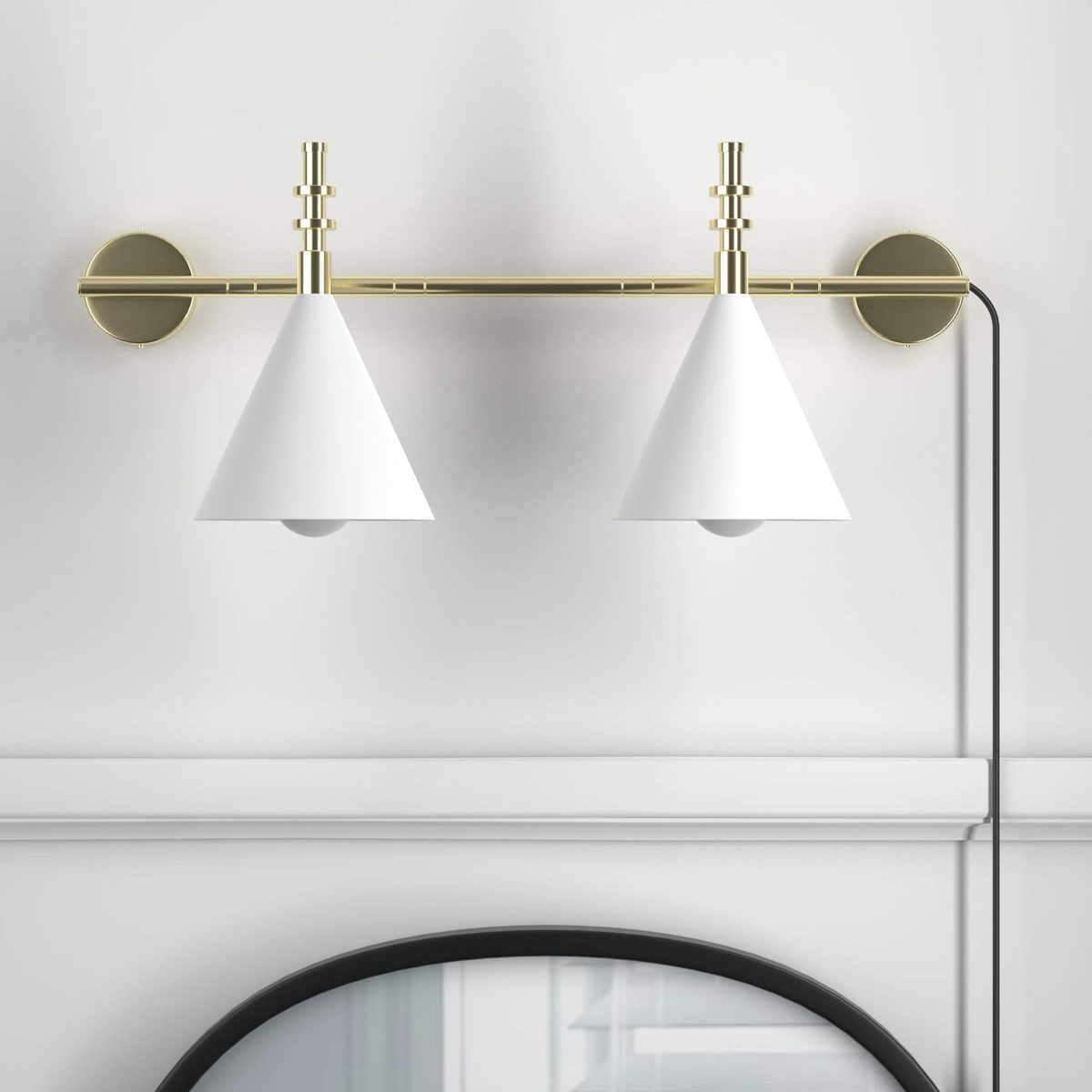 Amazon Brand – Rivet 2-Light Plug-In Wall Sconce with Glossy White Shades, LED Bulbs Included, 24"H, Antique Brass