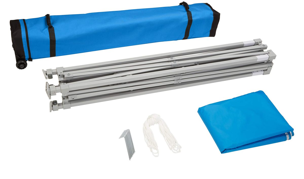 AmazonBasics Outdoor One-push Pop Up Canopy, 8ft x 8ft Top Slant Leg with Wheeled Carry, Blue