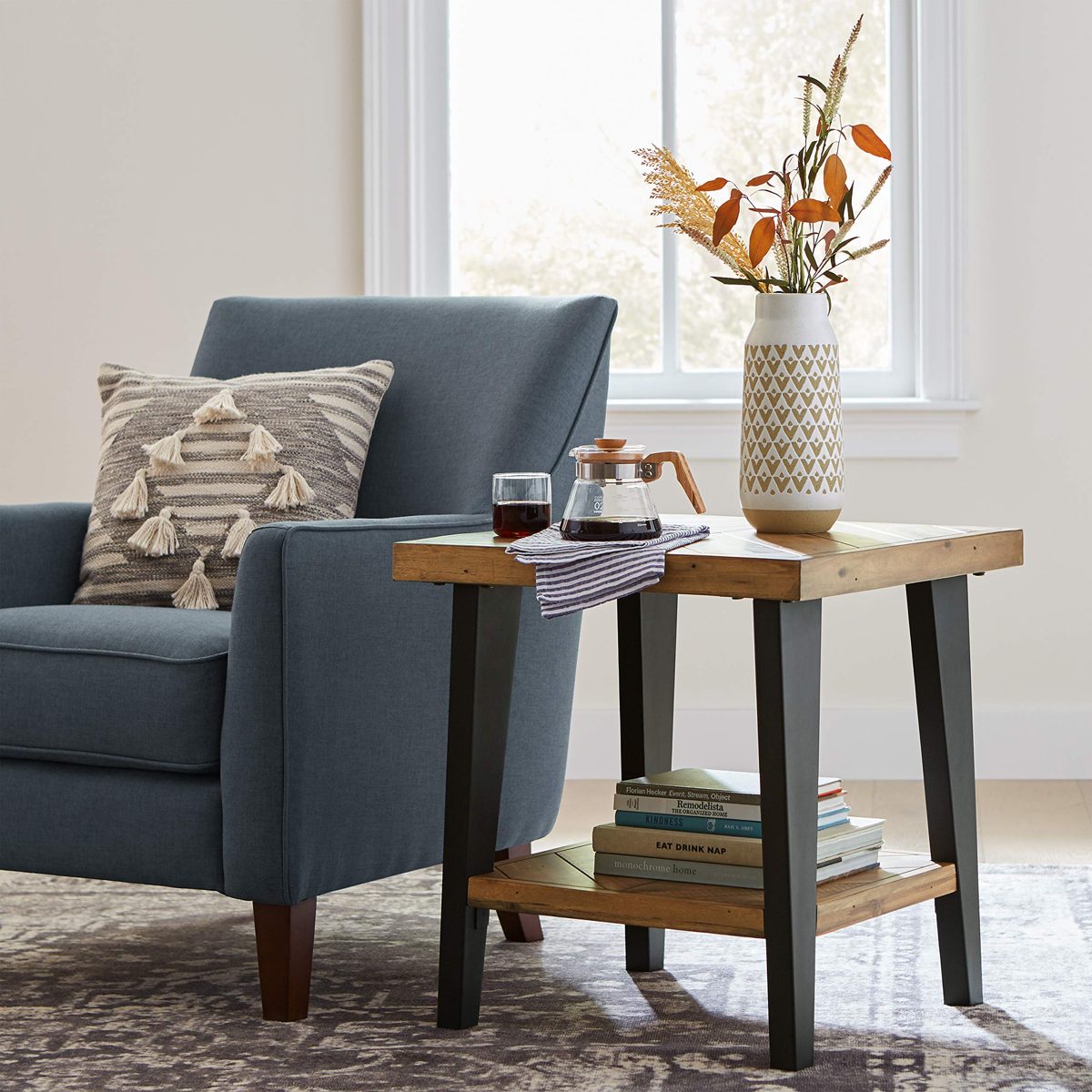 Stone & Beam Kensington Side Table with Chevron Design, 23"W, Acacia
