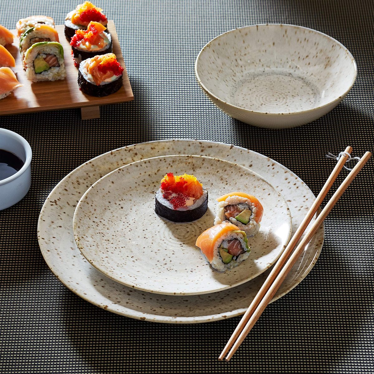 Rivet 18-Piece Stoneware Plates and Bowls Dinnerware Set, Service for 6, Speckle Swirl Glaze