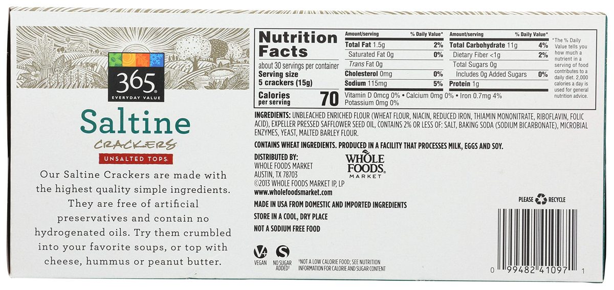 365 Everyday Value, Saltine Crackers, Unsalted Tops, 16 oz