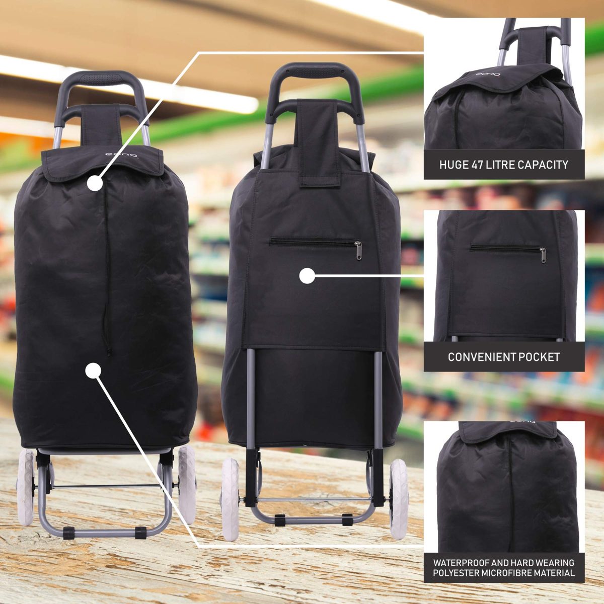 EONO Essentials 47L Lightweight Foldable Shopping Trolley, Set of 2, Black