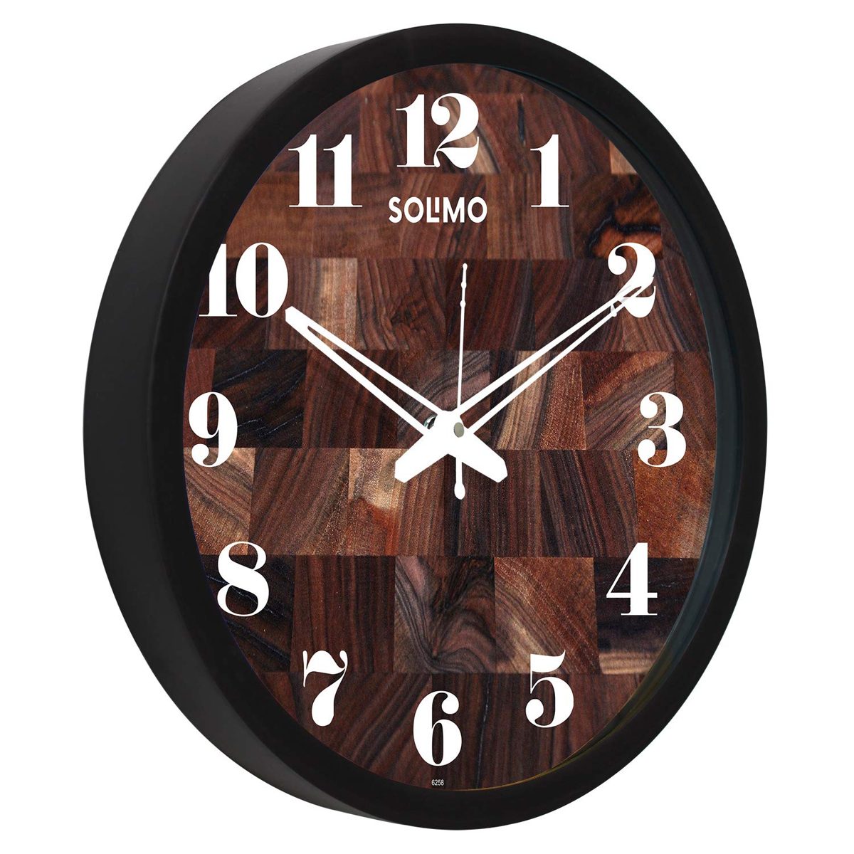 Amazon Brand - Solimo 12-inch Wall Clock - Teak Tiles (Silent Movement, Black Frame)