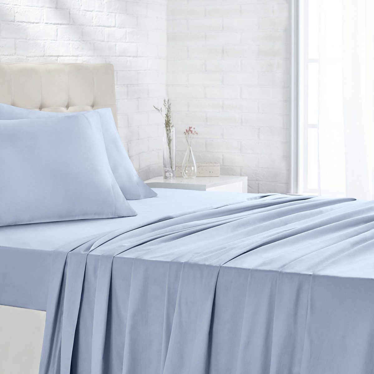 AmazonBasics Organic Sateen Cotton Sheet Set, Steely Blue