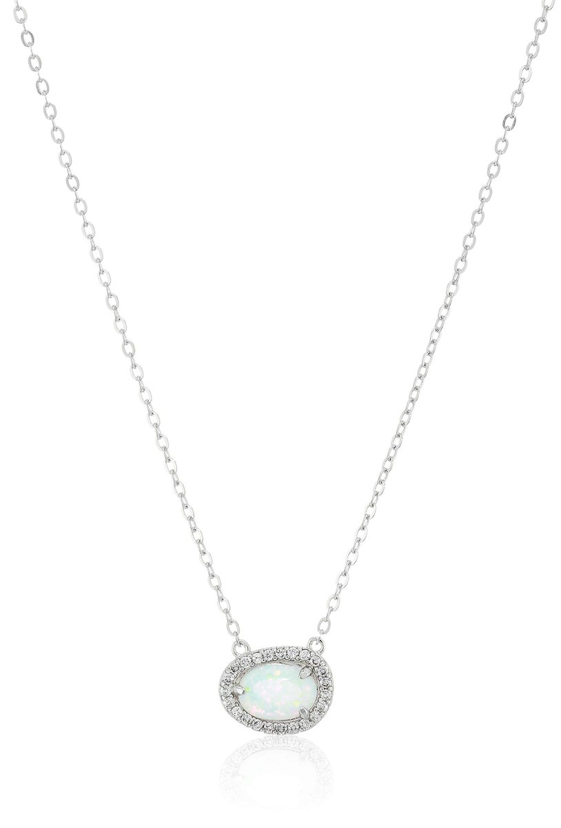 Rhodium Plated Sterling Silver Oval Created Opal Halo Pendant Necklace, 18"