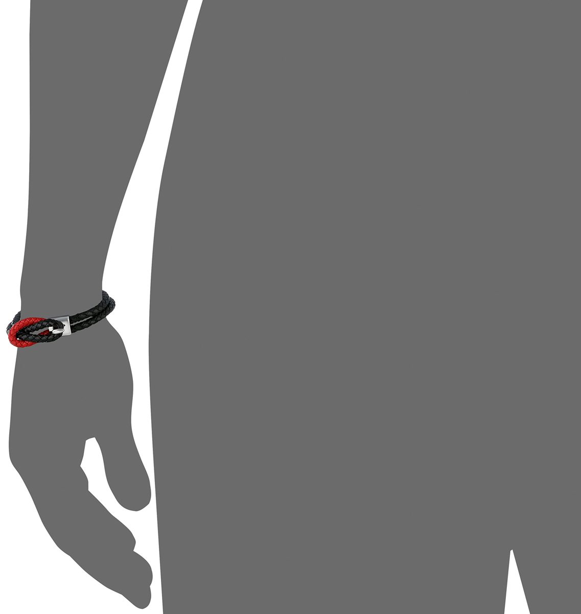 Men's Black and Red Genuine Leather Braided with Stainless Steel Hook Bracelet, 8"x 0.5"