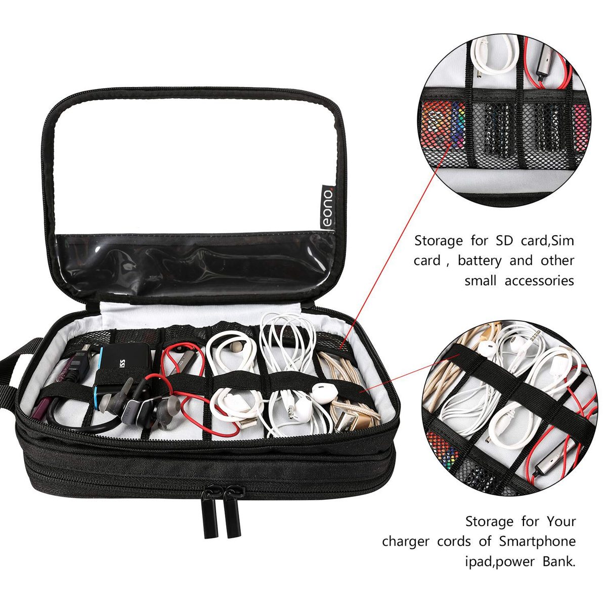 Eono by Amazon - Electronic Organizer, Double Layer Travel Gadget Bag For USB Cable, SD Card, Hard Drive, Power Bank, iPad Mini/Nintendo Swith Console/E-book or Tablet (up to 7.9'') Black