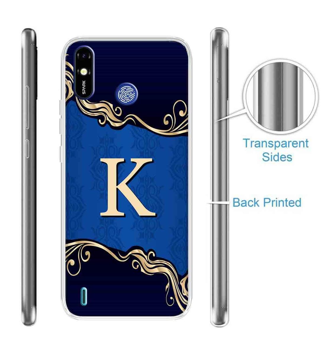 Amazon Brand - Solimo Designer Multicolor Blue Pattern Alphabet-K Printed Soft Back Case Mobile Cover for Tecno Spark Go Plus