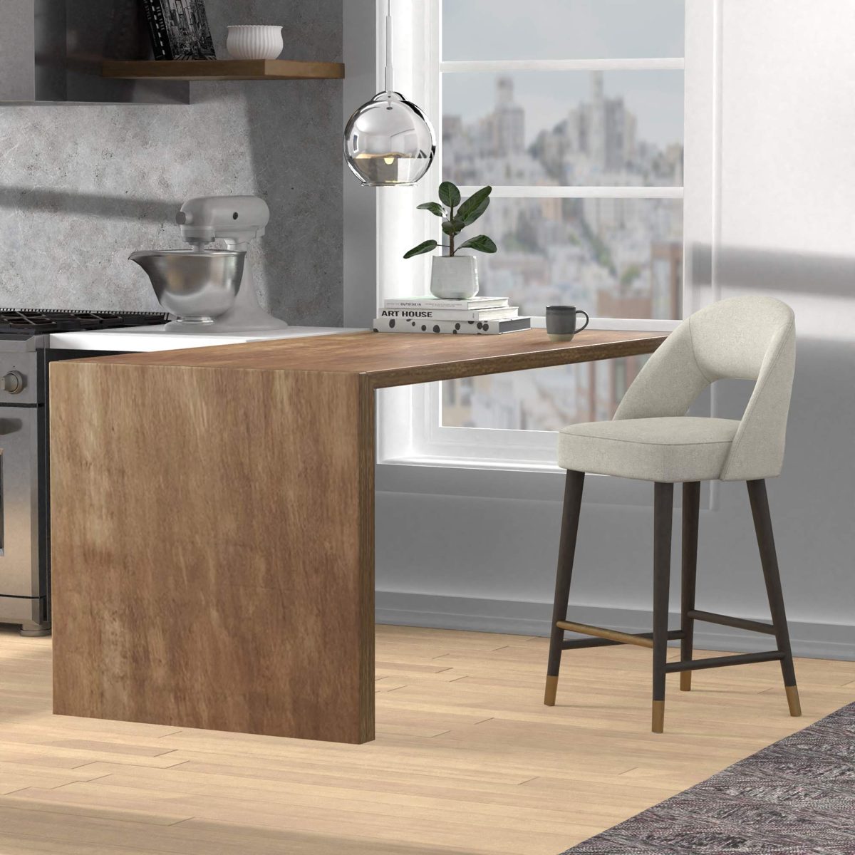 Amazon Brand – Rivet Whit Contemporary Upholstered Bar Stool with Gold Accents, 41"H, Chalk White