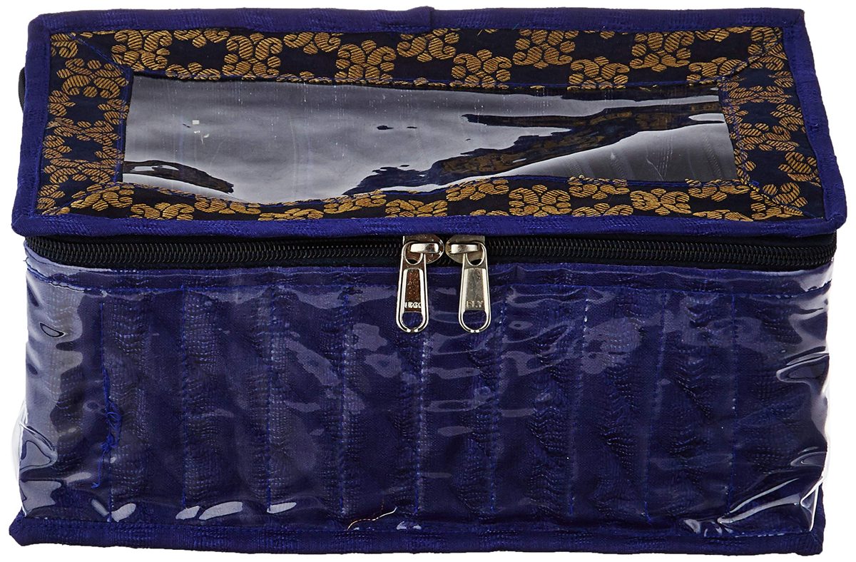 Amazon Brand - Solimo Fabric Jewellery Box with 10 Transparent Pouches, Blue