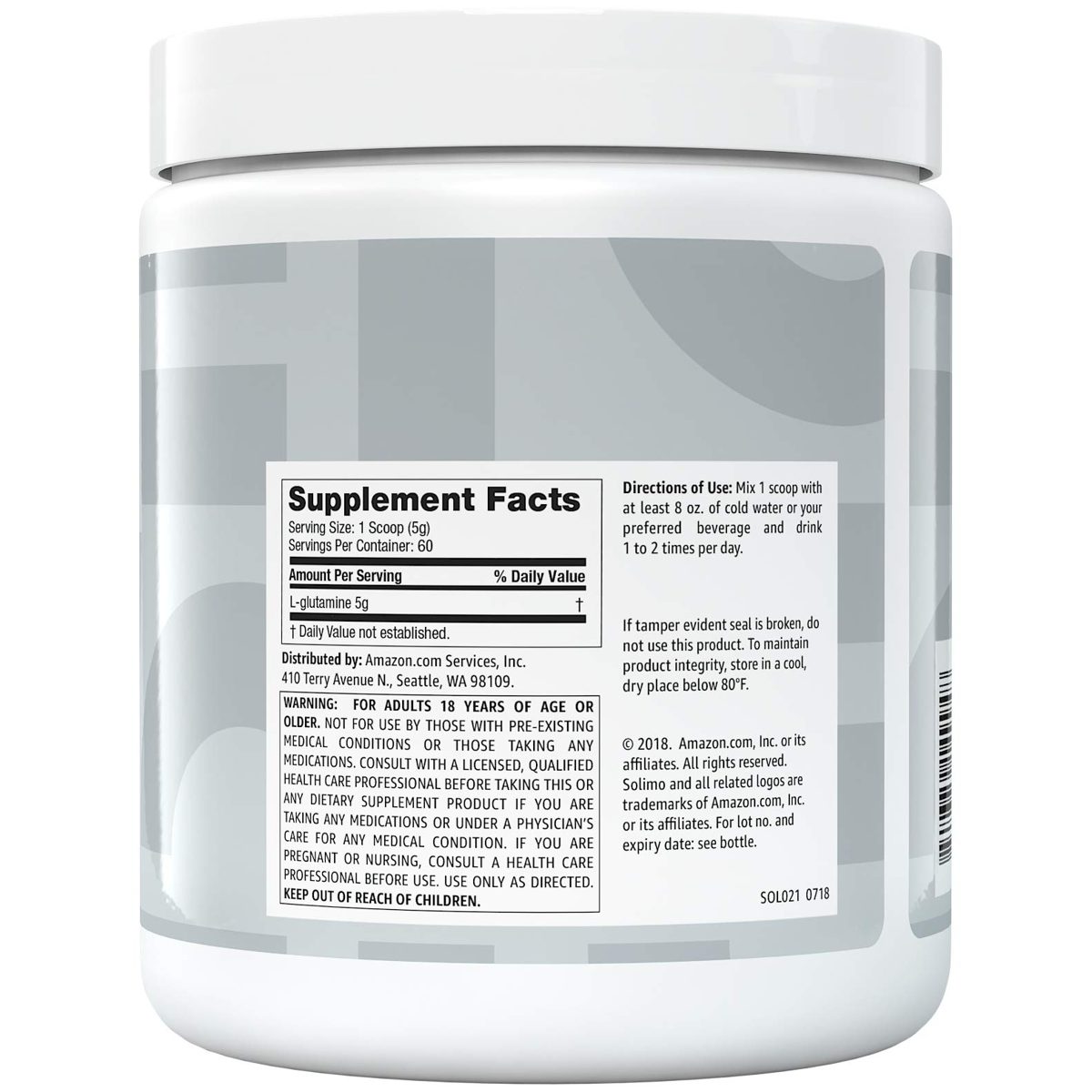 Amazon Brand - Solimo Glutamine Powder, Unflavored, 5 G L-Glutamine per Serving, 10.58 Ounce (60 Servings)